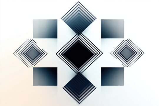 Abstract geometric pattern composed of black and gray concentric diamond shapes and squares on a white background showcasing symmetry and depth