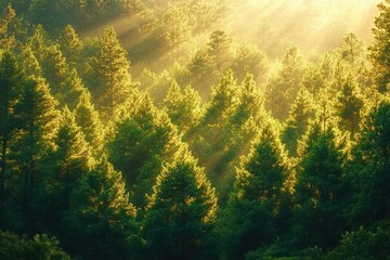 Dense forest of green pine trees illuminated by warm golden sunlight filtering through the canopy, creating a peaceful and serene atmosphere