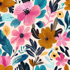 Colorful floral pattern with large pink and mustard flowers surrounded by various leaves in teal, blue, and black on a light background conveying a lively and artistic feel