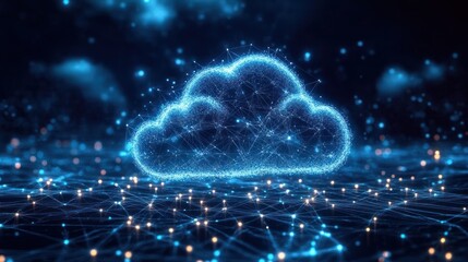 Glowing digital cloud composed of interconnected blue and white nodes and lines floating over a network grid glowing in dark space, representing cloud computing technology