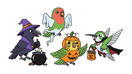 Halloween's Feathered Friends: Delightful array of cartoon bird characters dressed in Halloween costumes, each embodying the spirit of spooky festivities.
