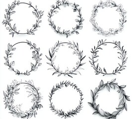 Obraz premium Nine delicate hand-drawn circular wreaths featuring various styles of leaves, flowers, and botanical elements in black and white, evoking elegance and nature's beauty