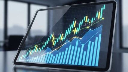 A digital tablet displays a vibrant, glowing financial chart with ascending bar and candlestick graphs, symbolizing successful stock market investment and business growth analysis.