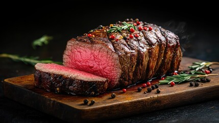 Juicy medium rare roasted beef tenderloin sliced on wooden cutting board garnished with rosemary and peppercorns