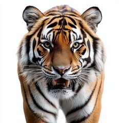 close-up front view of a majestic tiger walking forward with intense gaze and visible teeth against a white background