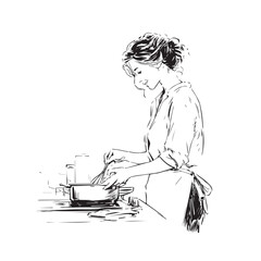 Black and White Illustration of Beautiful Woman Cooking in the Kitchen Minimalist Elegant Artwork Design