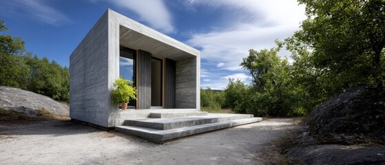 minimal house concrete concept. Modern concrete building surrounded by trees under a clear blue sky.
