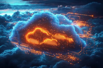 Digital glowing orange cloud with circuitry and data connections floating in a dark blue cloudy sky representing cloud computing technology