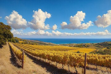 Expansive golden vineyard under a bright blue sky with fluffy white clouds overlooking a distant coastline and ocean