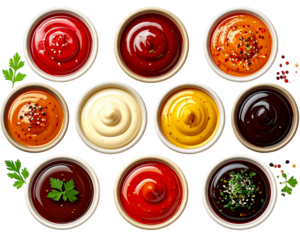 A high-resolution top-view image of various dipping sauces (soy sauce, chili sauce, m