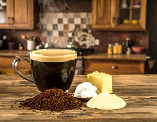 Coffee, butter, and coconut oil on a kitchen table