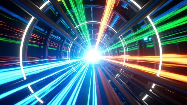 Experience the ultimate digital speedway with vibrant neon light trails racing through a futuristic tunnel, perfect for tech and innovation visuals