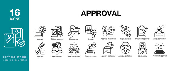 Approval icon set. Includes approve, document, quality, guarantee, certificate and More. Editable Stroke Icon Collection.