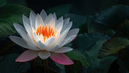 A radiant white lotus flower, highlighted by vibrant orange and pink hues, blossoms gracefully amidst a backdrop of dark, lush foliage.