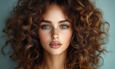 Close-up portrait of a young woman with voluminous curly hair, striking blue eyes, freckles, and natural makeup against a soft neutral background