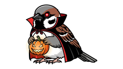Halloween Sparrow: A playful illustration of a sparrow in a vampire costume holding a carved pumpkin, perfect for the spooky holiday season.