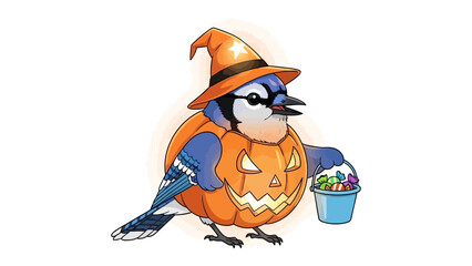 Halloween Blue Jay: A charming blue jay in a Halloween-themed pumpkin costume, playfully holding a candy pail. Perfect for seasonal designs and evokes a sense of fun and festivity. 