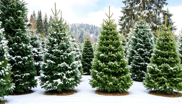 Snow-covered Christmas trees in a row