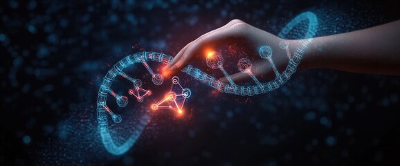 Human hand gently touching a glowing, digital representation of a DNA double helix with molecular structures, symbolizing interaction between biology and technology