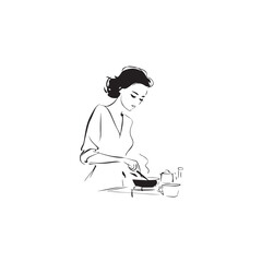 Black and White Illustration of Beautiful Woman Cooking in the Kitchen Minimalist Elegant Artwork Design