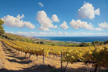 Sunny vineyard with rows of grapevines stretching towards a distant coastal town under a bright blue sky with scattered white clouds