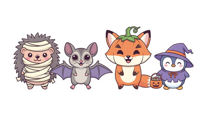 Halloween Animal Friends: A whimsical illustration features a hedgehog, a bat, a fox with a pumpkin hat, and a penguin, all dressed up for a spooky Halloween celebration.