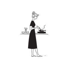 Black and White Illustration of Beautiful Woman Cooking in the Kitchen Minimalist Elegant Artwork Design