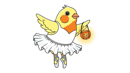 Bird in Ballerina Costume: A charming illustration of a vibrant yellow bird dressed as a ballerina for Halloween, holding a glowing pumpkin-shaped treat carrier and ballet shoes.