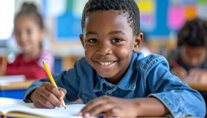 Portrait of happy black elementary boy studying in classroom while looking at camera.