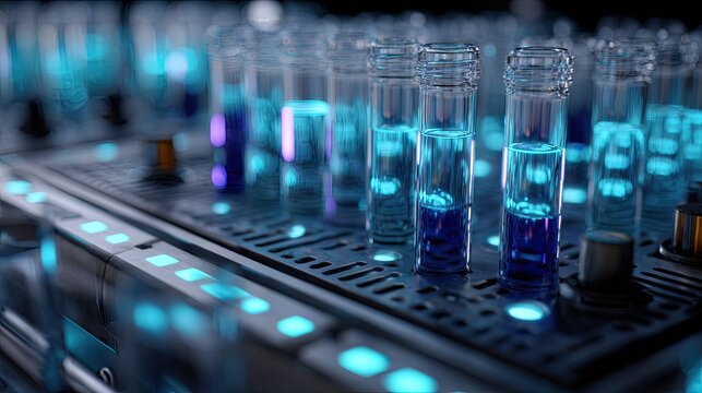 High-tech lab equipment with test tubes filled with vibrant liquids.  Futuristic and detailed