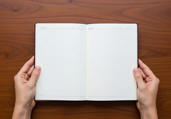 Obraz premium Open notebook with blank pages held by hands on a wooden surface