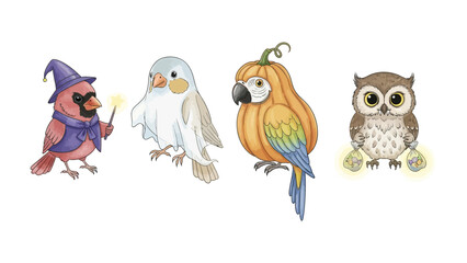Enchanting Avian Quartet: A whimsical array of illustrated birds, each adorned in unique and fantastical attire, creating a captivating ensemble of wonder and imagination.