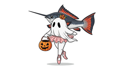 Halloween Fantasy: A whimsically illustrated scene presents a playful Halloween theme, merging the mystical charm of a ghost with the sleek elegance of a swordfish in an artistic, dreamlike depiction.