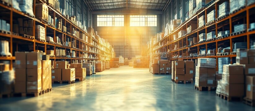 Large spacious warehouse interior filled with stacked cardboard boxes on metal shelves illuminated by warm sunlight through windows - Powered by Adobe