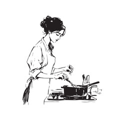 Black and White Illustration of Beautiful Woman Cooking in the Kitchen Minimalist Elegant Artwork Design