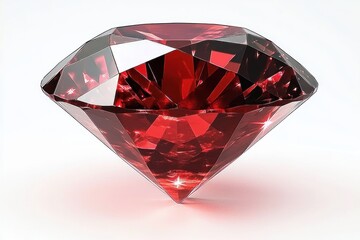 Close-up of a sparkling deep red faceted gemstone with precise cuts reflecting light on a white background