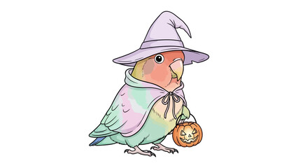 Cute Parrot Halloween: A charming and whimsically illustrated parrot, donned in a witch costume, holds a jack-o'-lantern bucket, perfect for Halloween themed project.