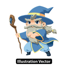 Magical fantasy wizard character illustration with staff and blue hat, embodying ancient wisdom and mystic power for adventure