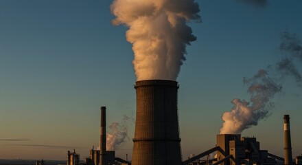 Industrial Power Plant Cooling Towers Emitting Steam