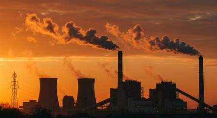 Industrial Power Plant Smokestacks Against Fiery Sunset Sky
