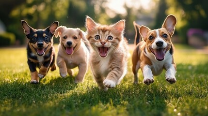 Happy playful kittens and puppies running together on green grass in sunshine with joyful expressions