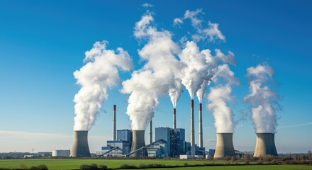 Industrial Power Plant with Cooling Towers and Smoke Stacks