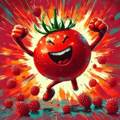 Energetic animated tomato character celebrating surrounded by flying raspberries with bright vibrant explosion background