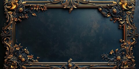 ornate dark metallic frame with intricate golden floral and leaf decorations surrounding an empty textured black center