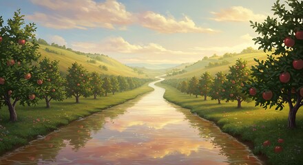 Lush River Valley with Apple Orchards and Reflective Water at Golden Hour