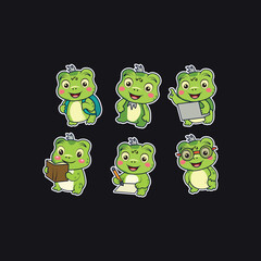 Set of frog character in back to school theme sticker