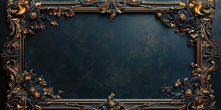 ornate dark metallic frame with intricate golden floral and leaf decorations surrounding an empty textured black center
