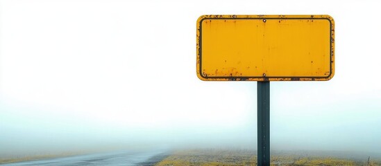 Rusty blank yellow road sign on a foggy morning next to an empty asphalt road and dry grass