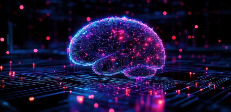 Digital representation of a glowing neon brain over a futuristic circuit board with intricate lines and bright light nodes symbolizing technology and artificial intelligence