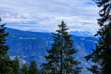 Mountain panorama with Rosengarten group and Latemar massif in the Dolomites in South Tyrol, Italy